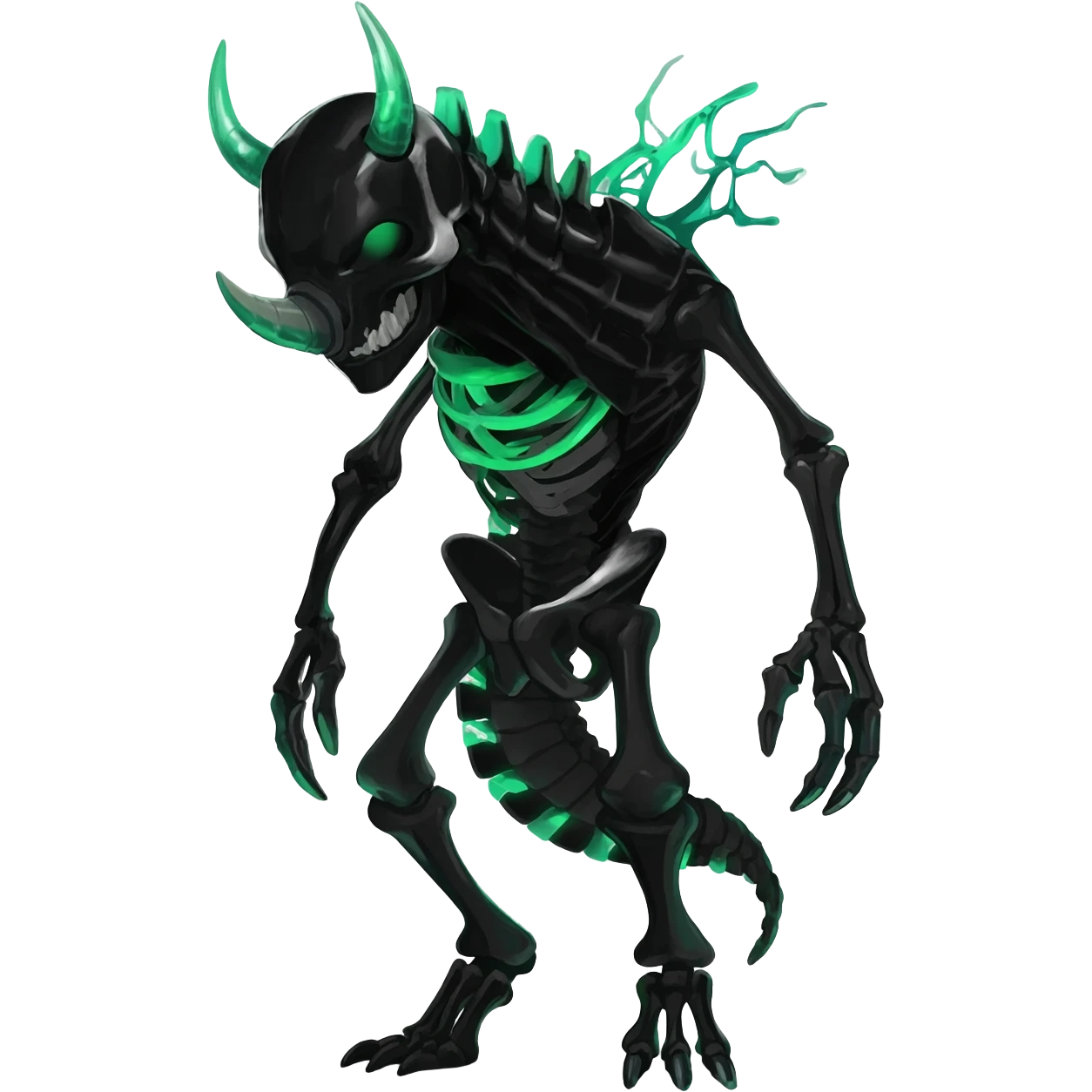 Horned Evil Cool Handsome Badass Edgy Obsidian-black and neon-glowing-green skeletal Meloetta-Salandit-Gorebyss-Zygarde-Pokémon-Fakémon-creature-fusion-hybrid emoji