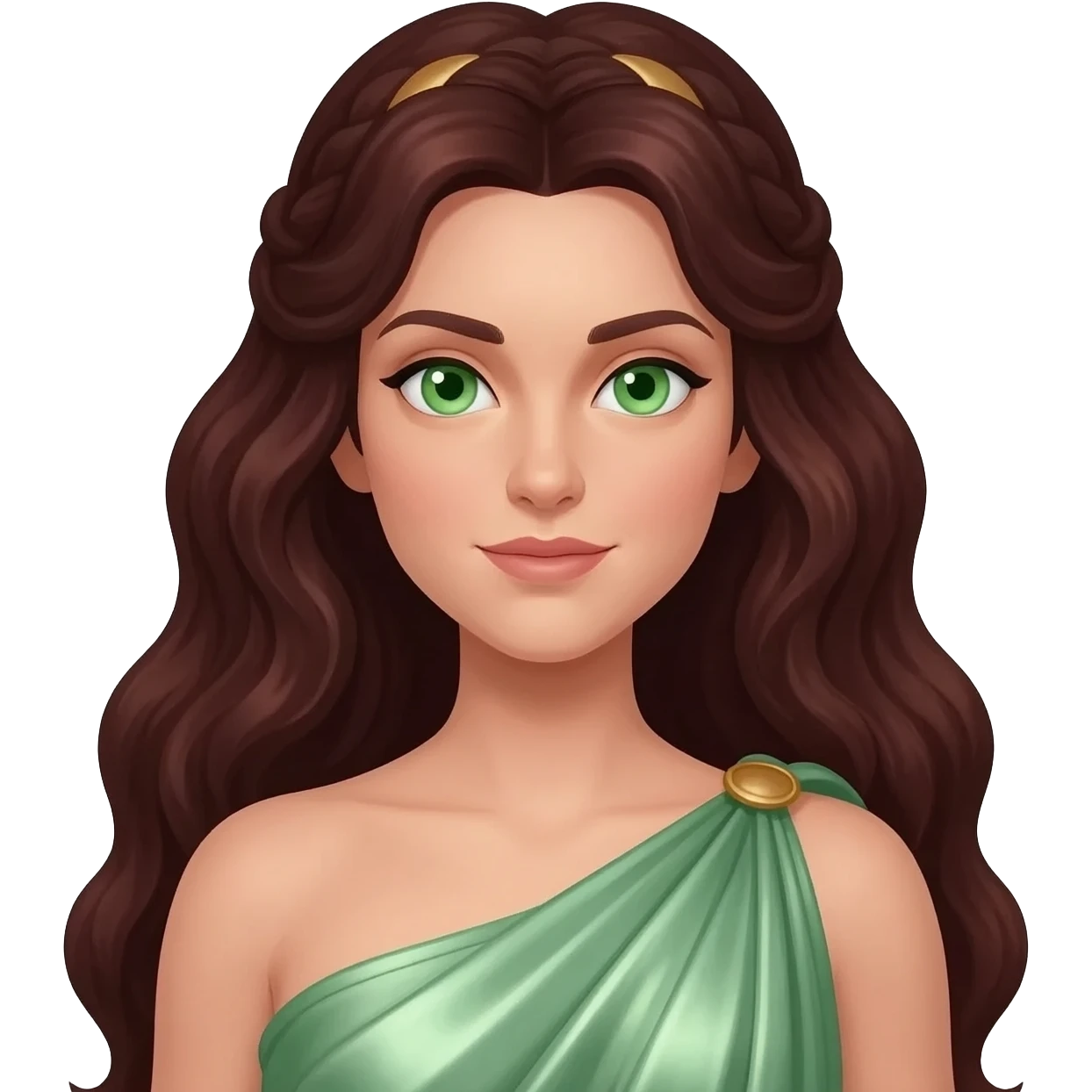 Proserpina from Roman Mythology with green eyes, long dark auburn hair, light green metallic peplos emoji