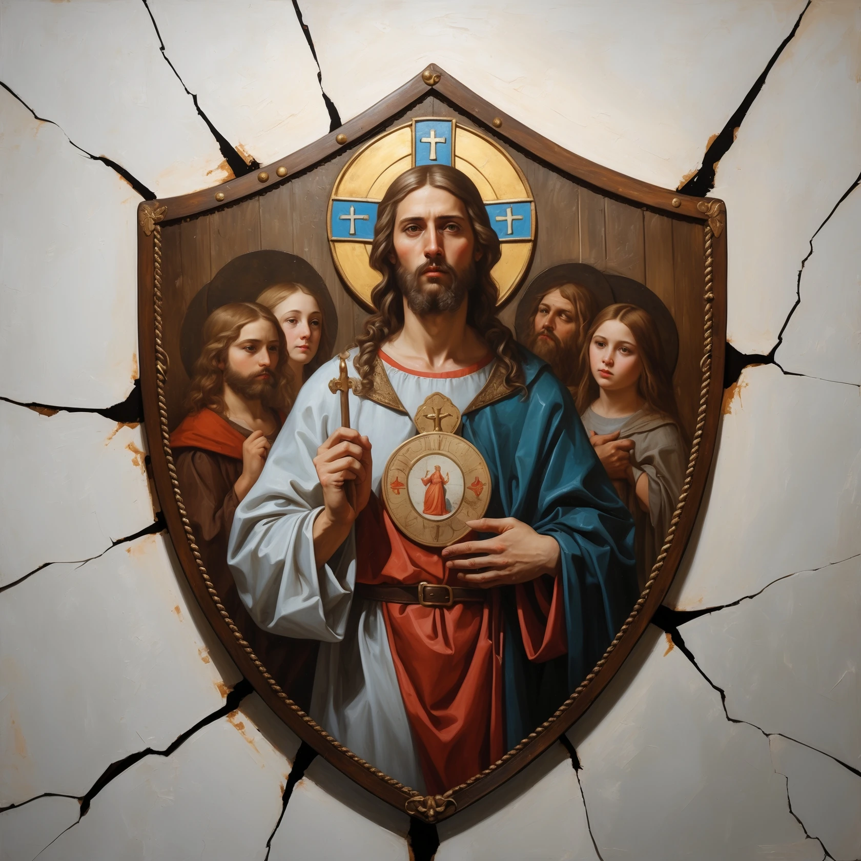 (img2img: strenght:=0.1) <ReferenceOnly-V3> inpaint religious theme onto the shield oil painting style flat image oil cracks countour
medieval shield art
 emoji
