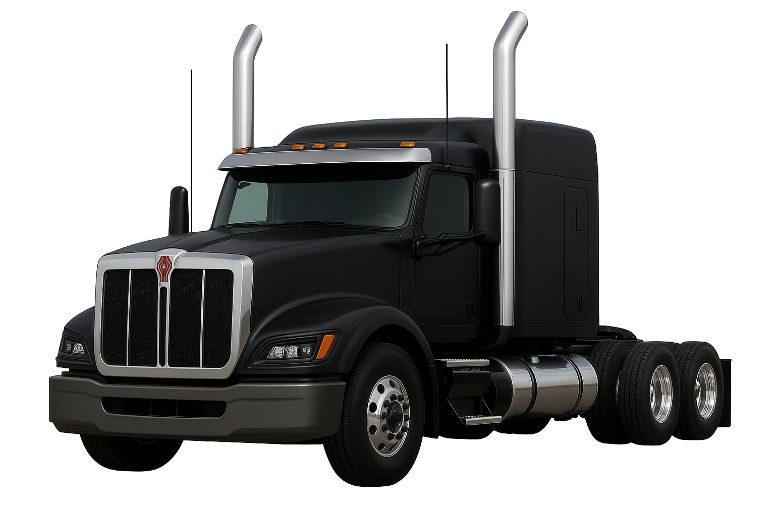 Edit the image of a 2026 Kenworth W680 flattop black semi sleeper with chrome exhaust stacks, no cans, front angle, with no background. Maintain the realistic style and front angle view with no background. emoji