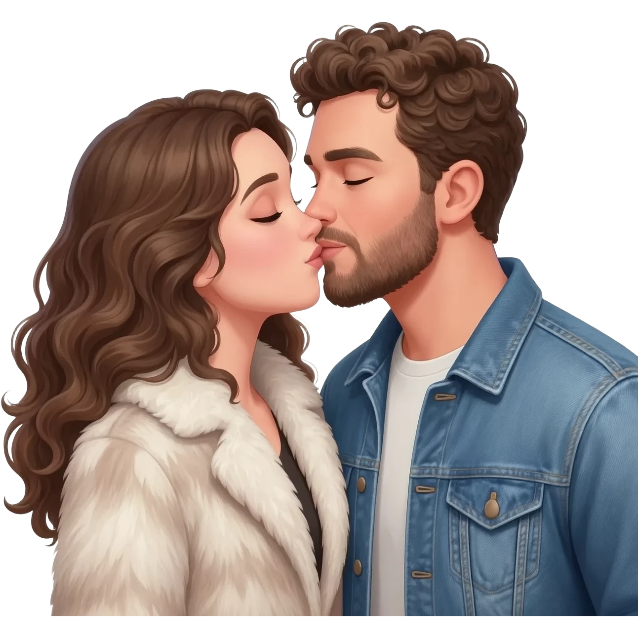 handsome white man with short brown curly hair and a beard kissing a white woman with long brown curly hair. she is wearing a fur coat, he is wearing a denim jacket emoji