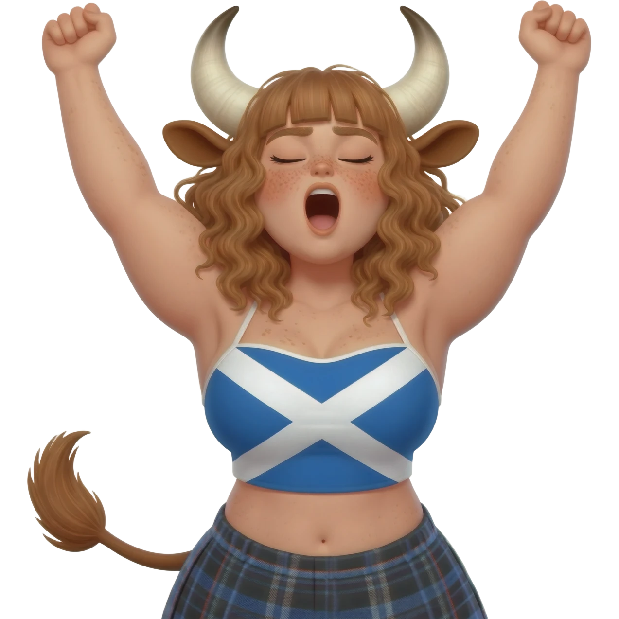 sleepy muscular hairy buff curly woman with frecles with light brown messy hair with straight bangs with brown cow tail with fat thights with cow horns and cow brown ears with extra large breasts dressed in crop top with scottish flag stretches her arms up and yawns eyes closed squints her eyes emoji