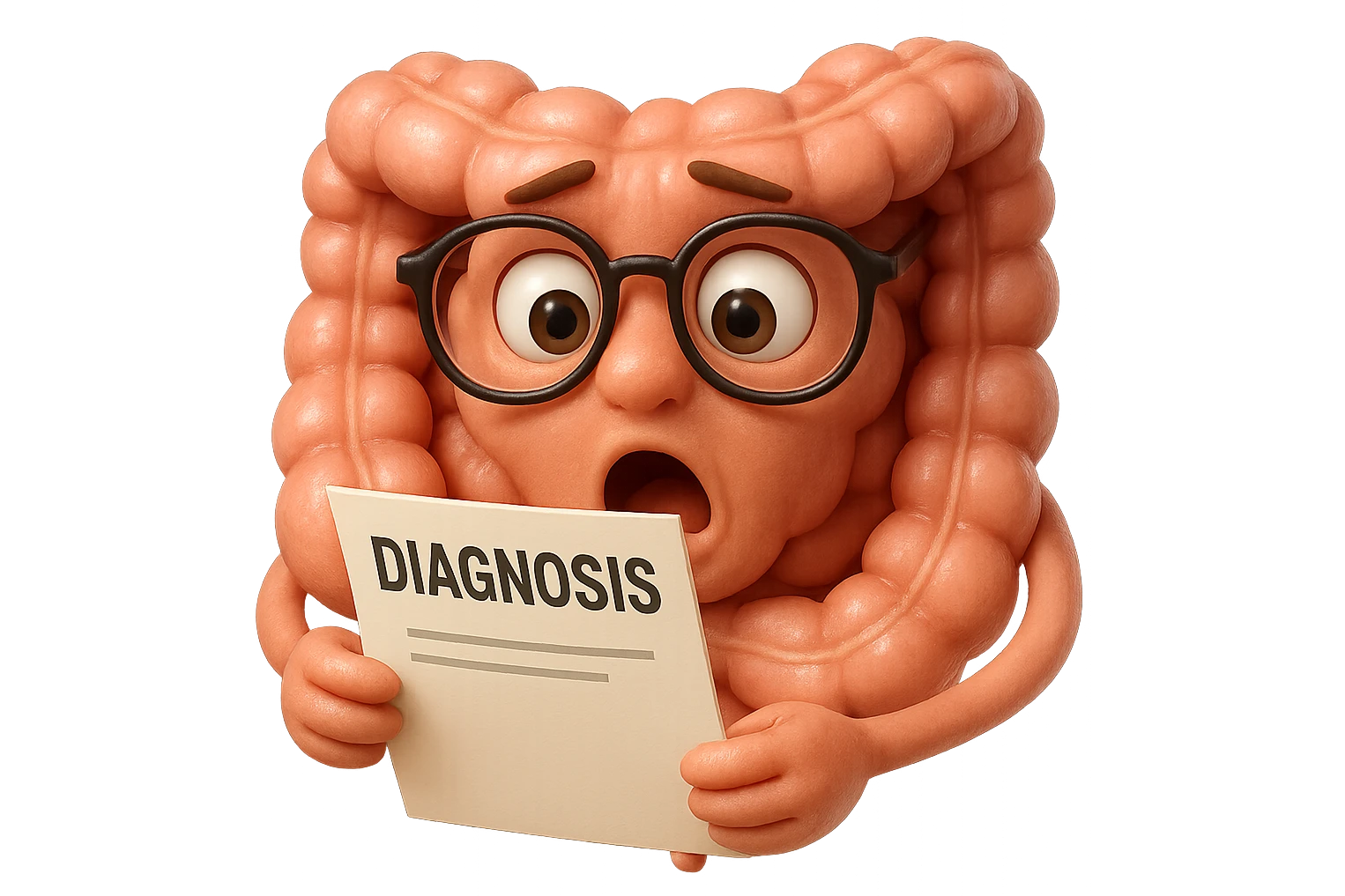 EMOJI STILE IPHONE DI UN INTESTINO CON GLI OCCHIALI CHE LEGGE UN FOGLIO CON LA SCRITTA DIAGNOSI, ESPRESSIONE STUPITA IN VOLTO, IPERREALISTICO 4K emoji