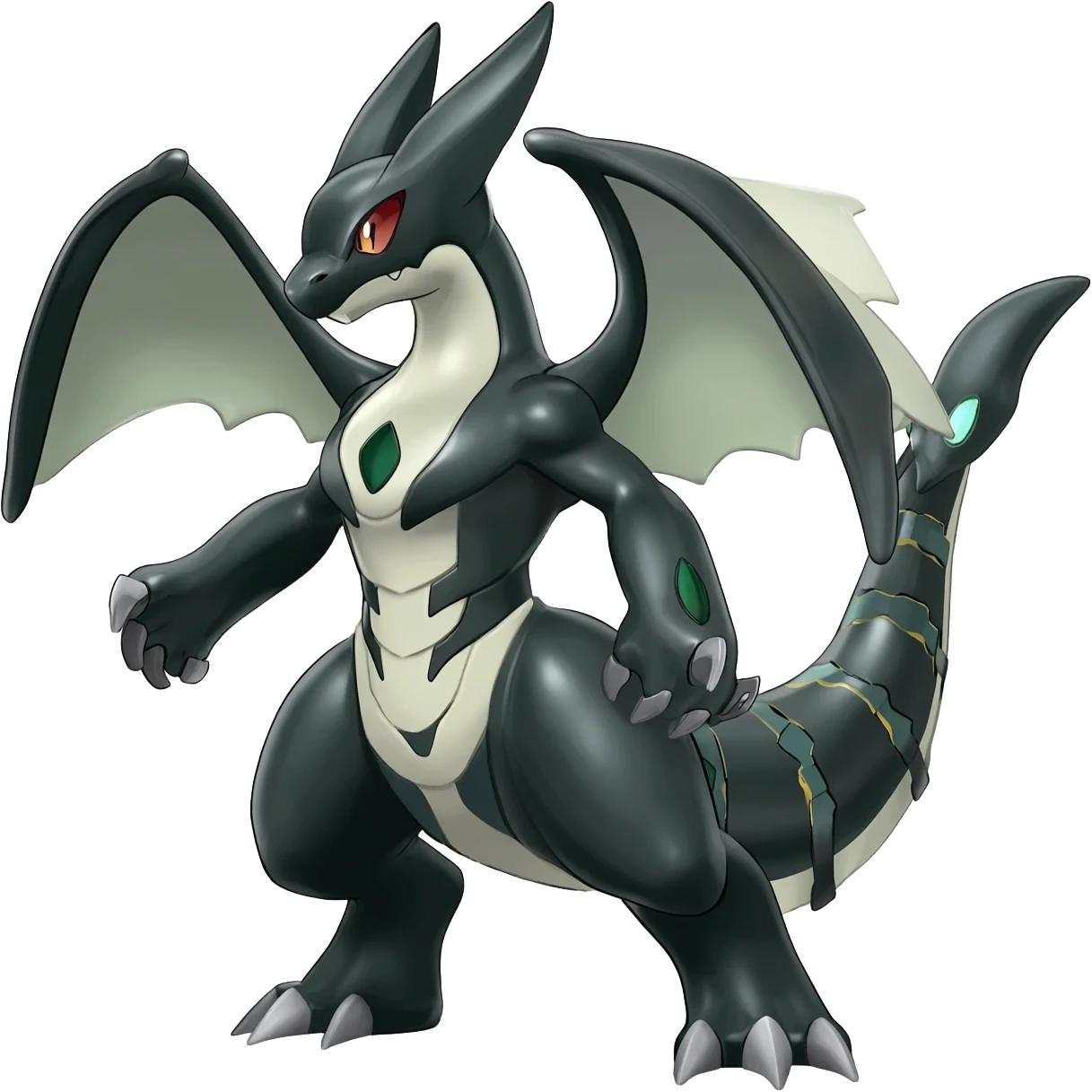 Shiny Black Grey White and Dark-Green Axew-Tyranitar-Larvitar-Flygon-Scyther-Pokémon-Fakémon-Digimon-fusion-creature, full body emoji