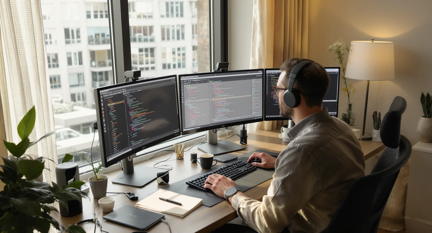 Cinematic shot of a programmer programming on tripple display setup PC, top dutch angle, Warm bright vibe, modern clean expensive minimalistic apartament, model is dress like designer, morning, big window, captured on arri alexa emoji