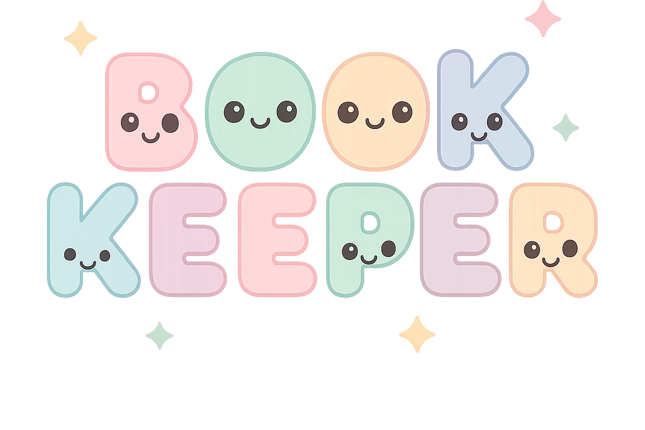 the word BOOKKEEPER in a clear and creative kawaii style, suitable for a logo or icon emoji