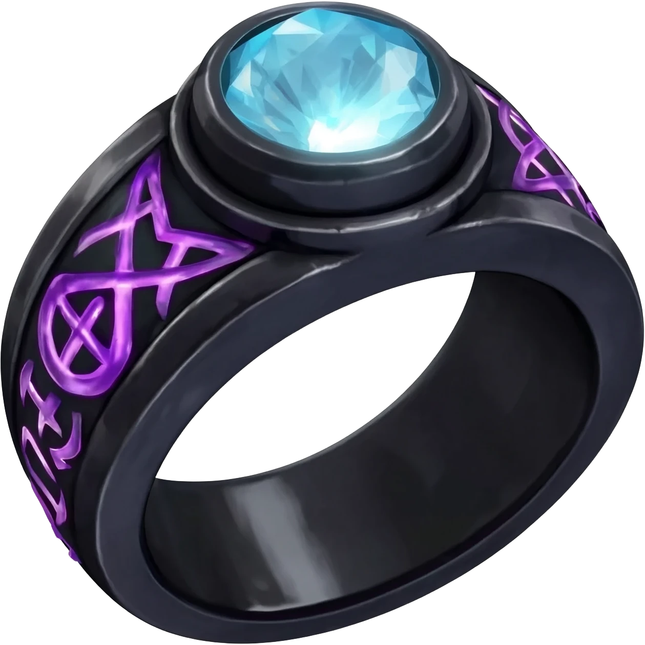 A Obsidian ring, With a glowing hypersthene crystal in the center, with intricate pagan runes carved into the sides that glow purple emoji