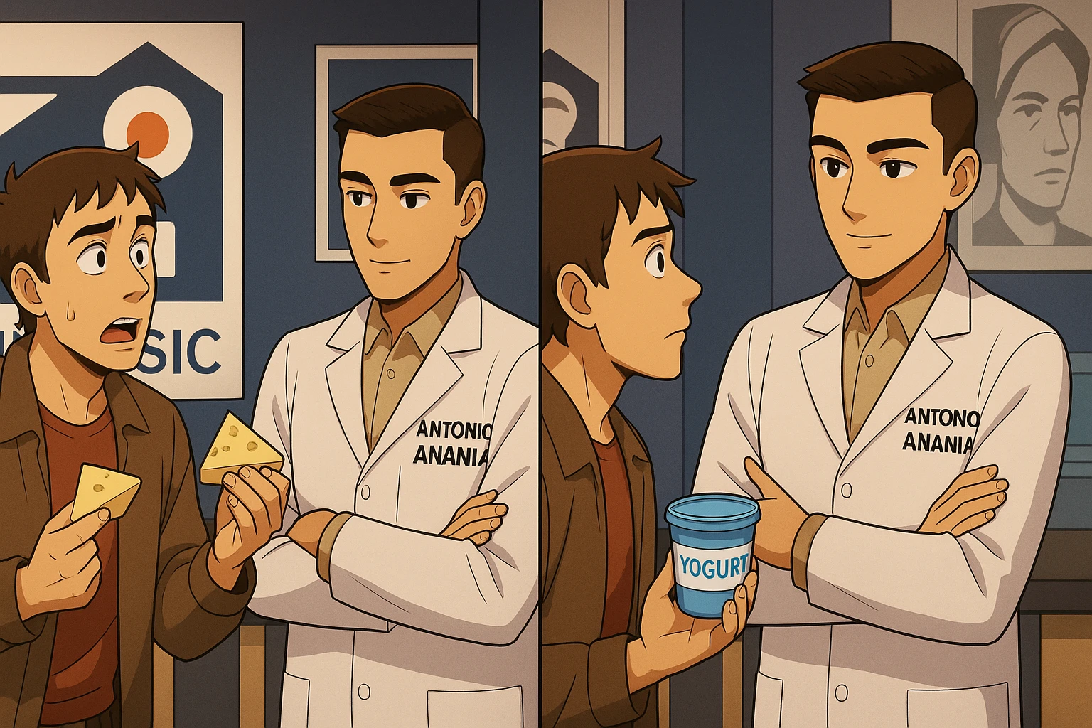 fai un webtoon manga a colori con questo stile, in cui un uomo fa una domanda al kinesiologo con il camice bianco (fagli anche la scritta "ANTONIO ANANIA" SUL CAMICE, l'uomo chiede una cosa mostrando un formaggio e uno yogurt al kinesiologo con il camice, IL KINESIOLOGO annuisce e SPIEGA ALL'UOMO UNA cos. L'UOMO ha un ESPRESSIONE CONFUSA IN VOLTO. non fare i fumetti però, fai solo in modo che sembri stiano parlando emoji