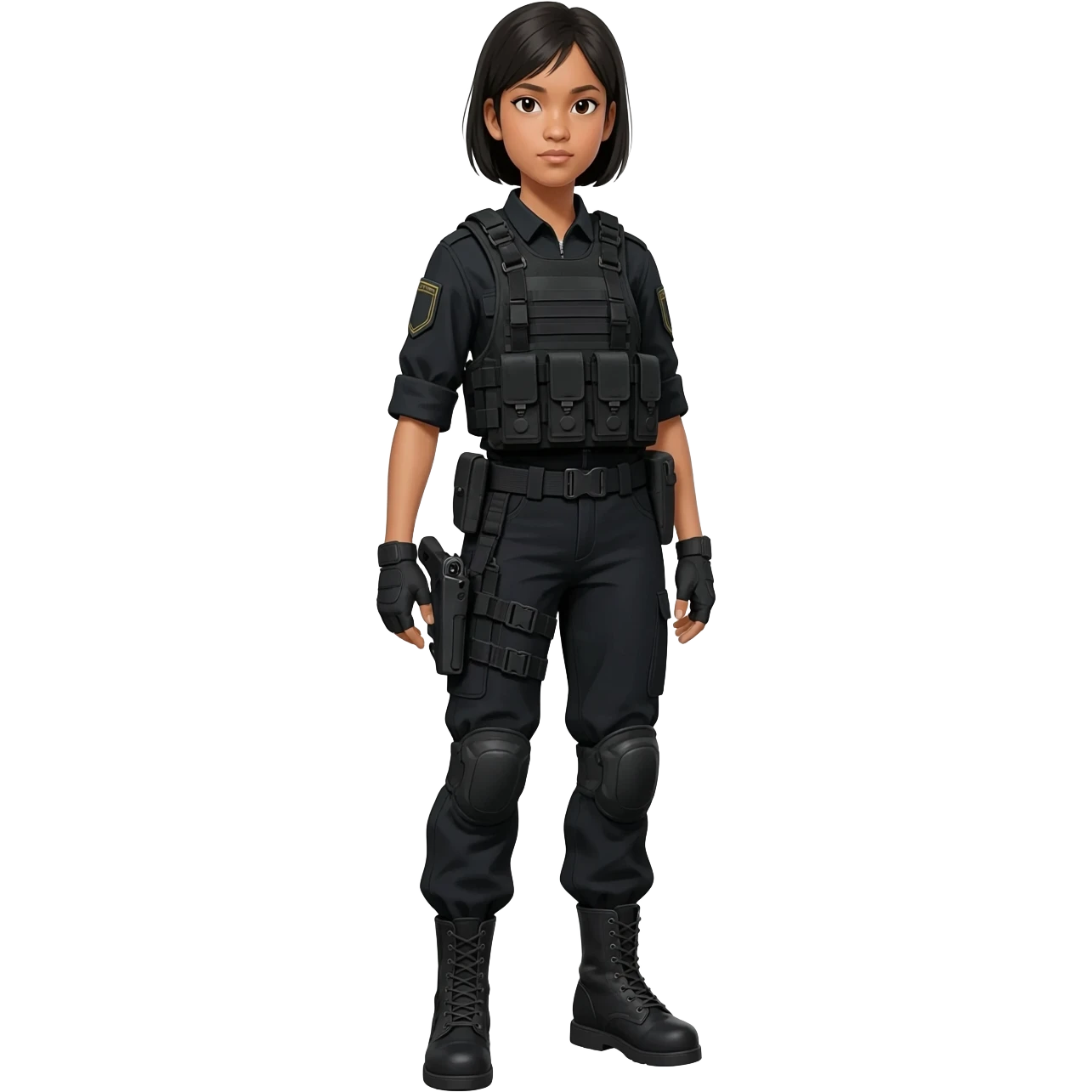 Filipino girl STF SPECIAL TACTICS FORCE OUTFIT BLACK FATIGUE AND COMBAT BOOTS PLATE CARRIER AND HOLSTER emoji