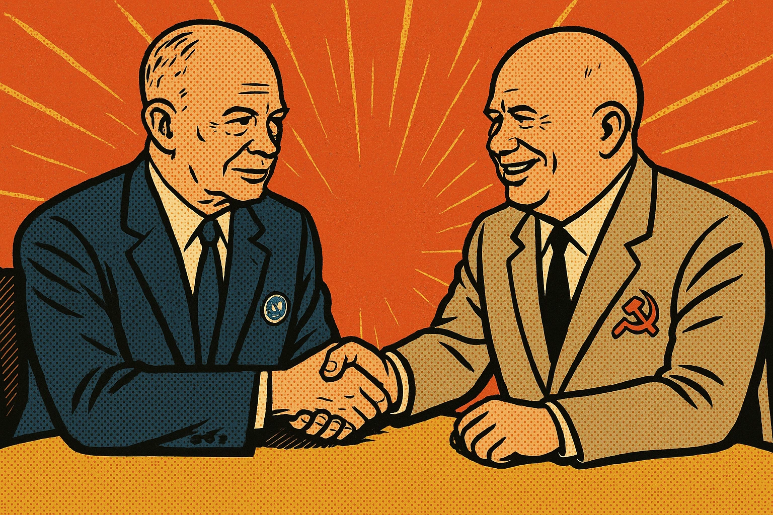 US President Eisenhower wearing a suit with a US badge on the chest shaking hands with Soviet leader Khrushchev wearing a communist party badge and smiling. They are sitting around a negotiating table. emoji