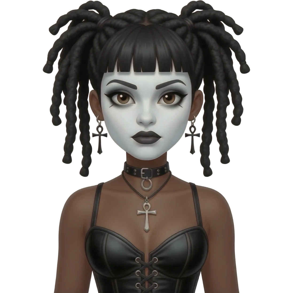 goth black girl with black corset, with brown skin, cross earrings, ankh necklace with black dreadlocks with dreads bangs, whole white face paint emoji