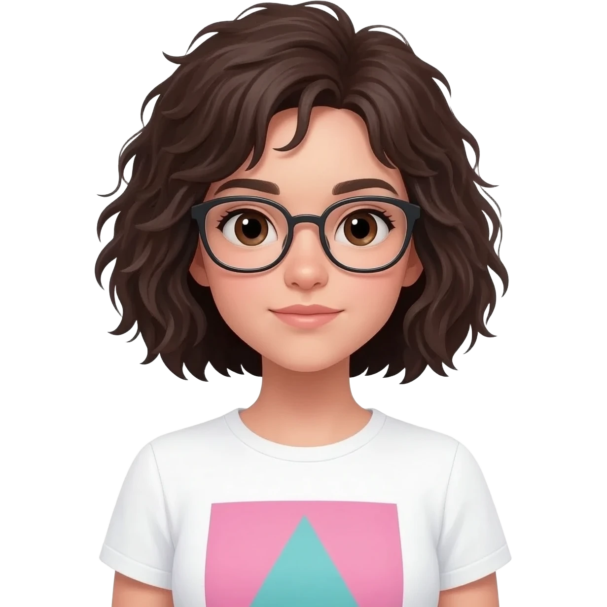 fille avec une coupe de cheveux court carré long frissé brun foncé, yeux marron, lunettes, et t-shirt blanc à motif rose et turquoise emoji