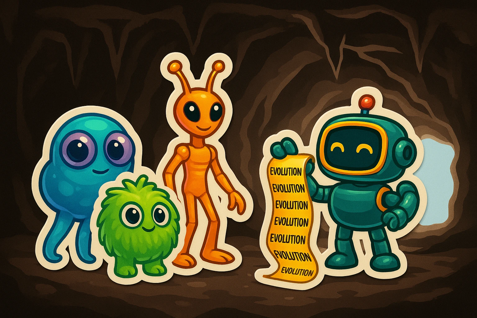 Replace the three lizard-like aliens with new, unique alien designs featuring different shapes, colors, and features. Keep the robot exactly the same. Use a playful and bold style with a cave background in retro stickers style. emoji