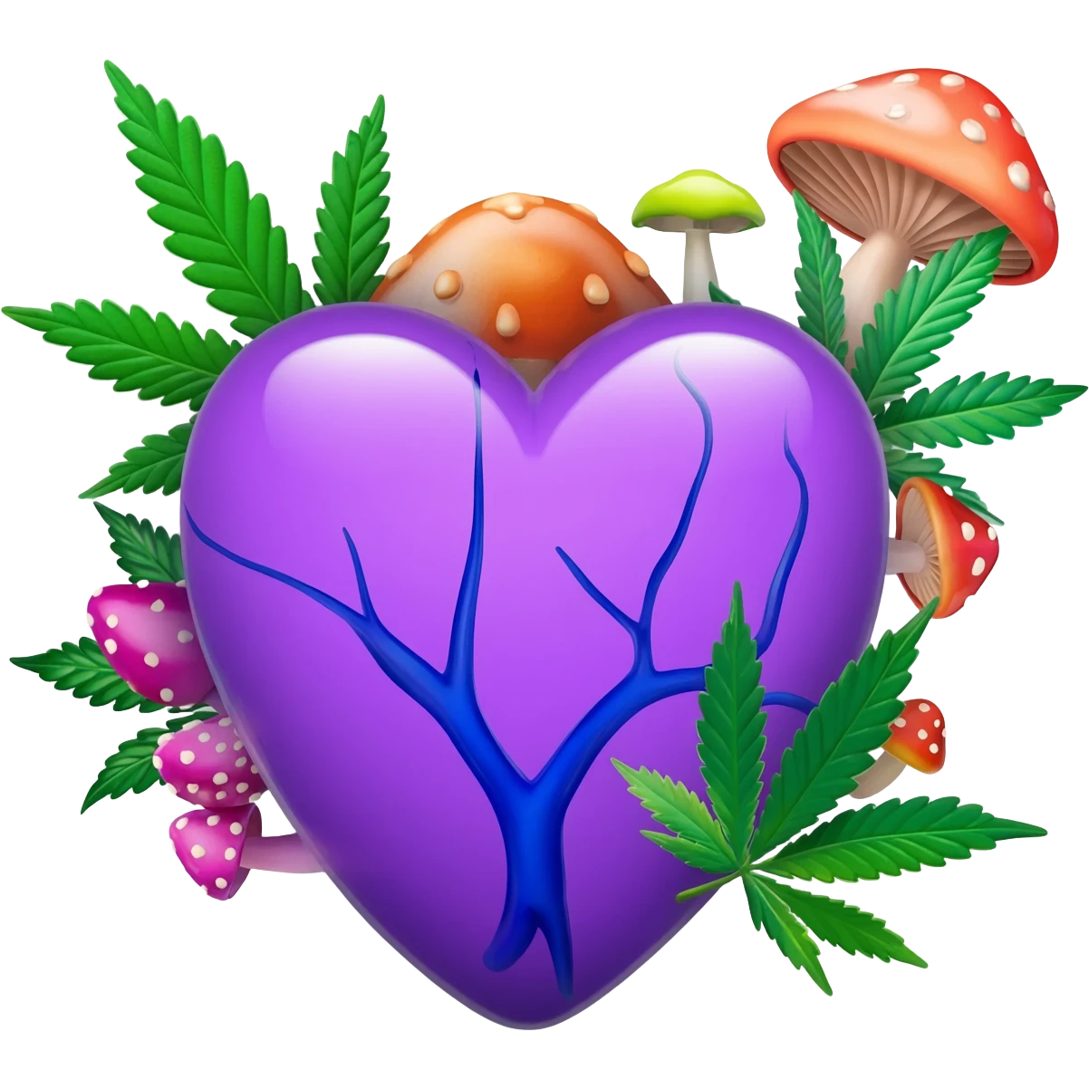 purple heart with blue veins with cannabis plants and mushrooms emoji