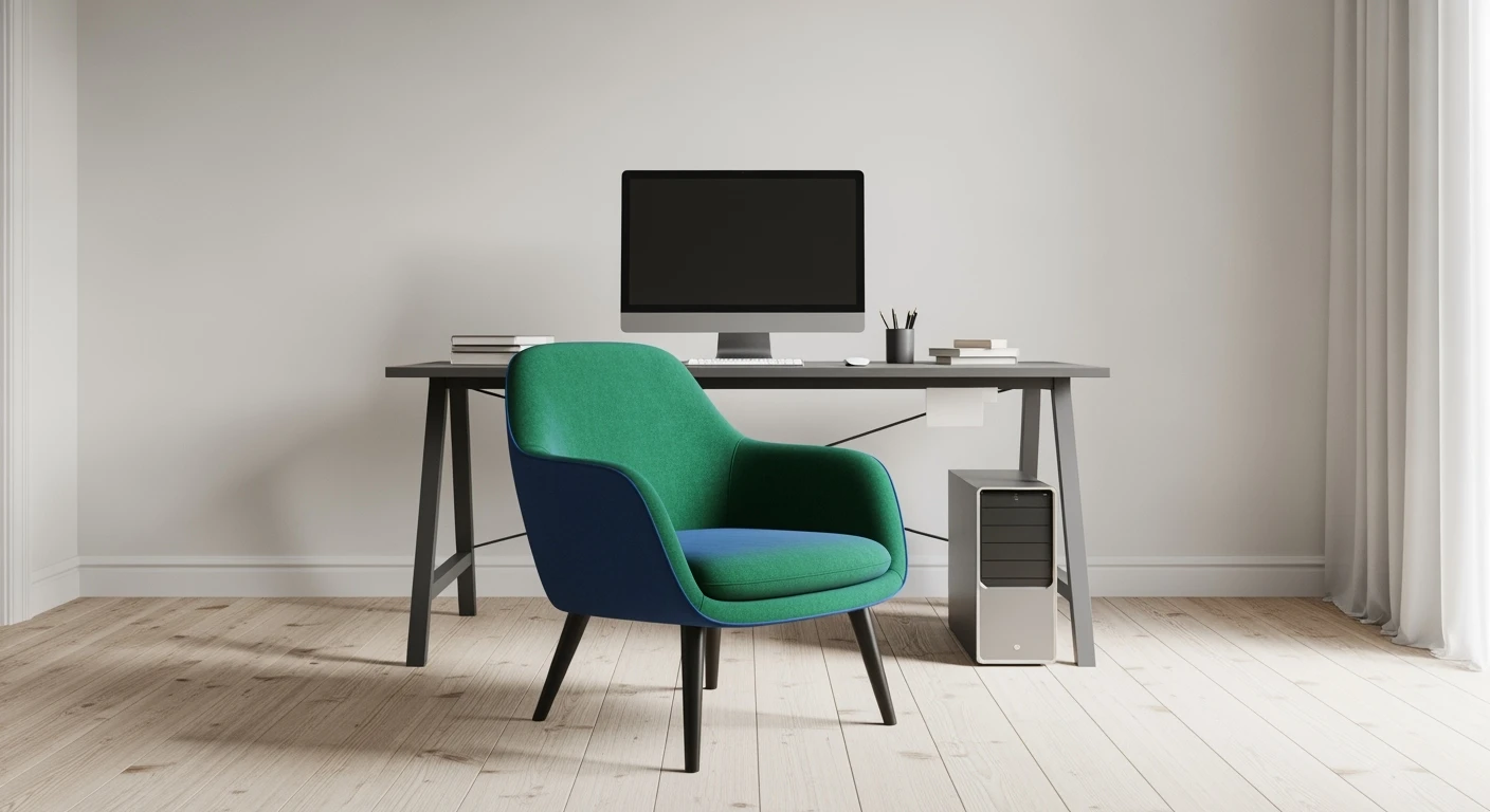 Editorial shot, Make this chair next to desk with mac setup, wooden modern floor, minimalistic room, contrast chair to wall, chair standing front to camera, soft bright light in room emoji