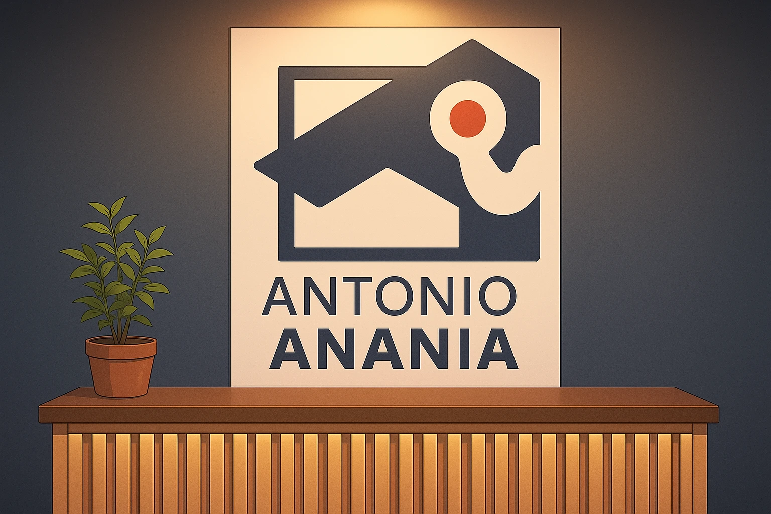 su questo stile fai un manga/webtoon a colori in cui mostri quella parete dietro dello studio con il suo logo e la scritta "ANTONIO ANANIA" SOTTO IL LOGO, LUCE CHE ILLUMINA IL LOGO emoji