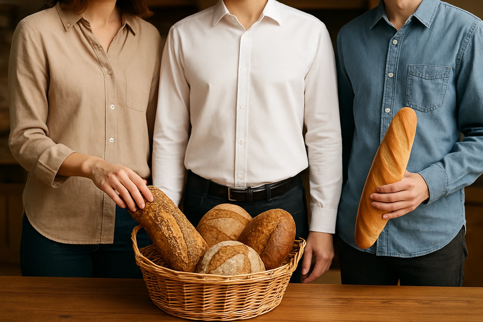 сгенерируй 1 в 1 как на картинке, но убери хлеб из руки человека в белой рубашке, убери руку вниз параллельно телу emoji