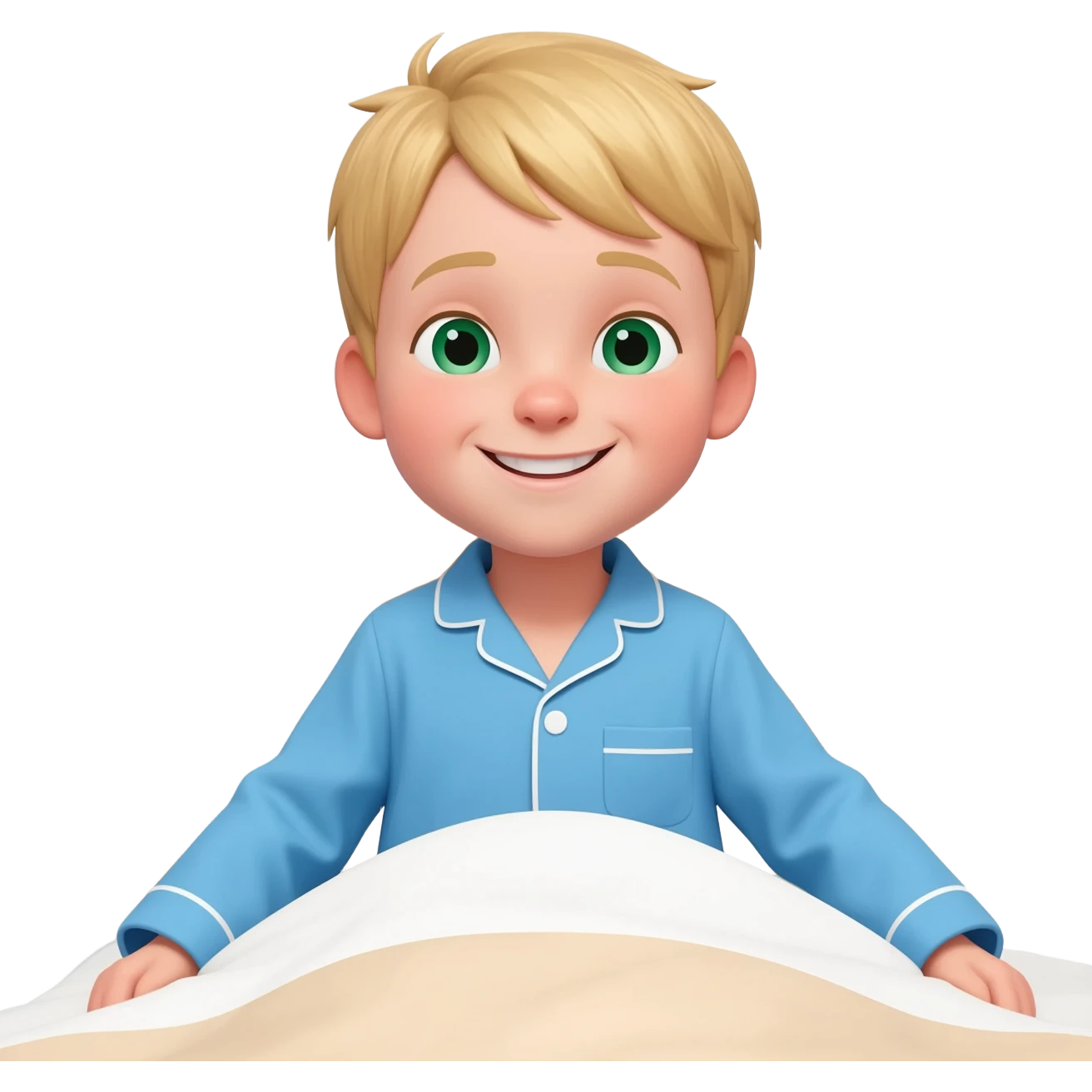 Use the same 3 year old blonde boy with green-blueish eyes same as before  happy with plain blue pajamas making his bed emoji