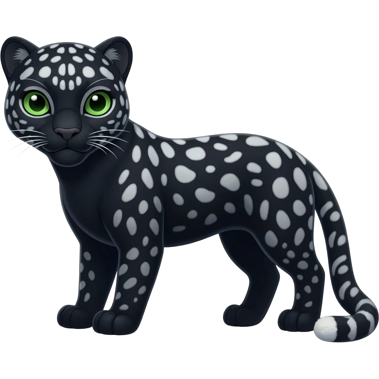 Black Snow Leopard-Panther-hybrid-animal-creature with white stripes and spots and splotch markings, with green eyes emoji