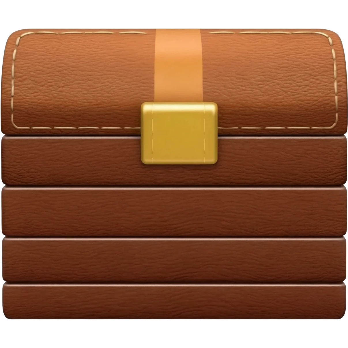 rectangle box made of leather shown from front on. 4 layers all about an inch tall. the top layer has a lid on it with a gold tab in the middle which is about 0.5 inches tall but 1 inch wide emoji