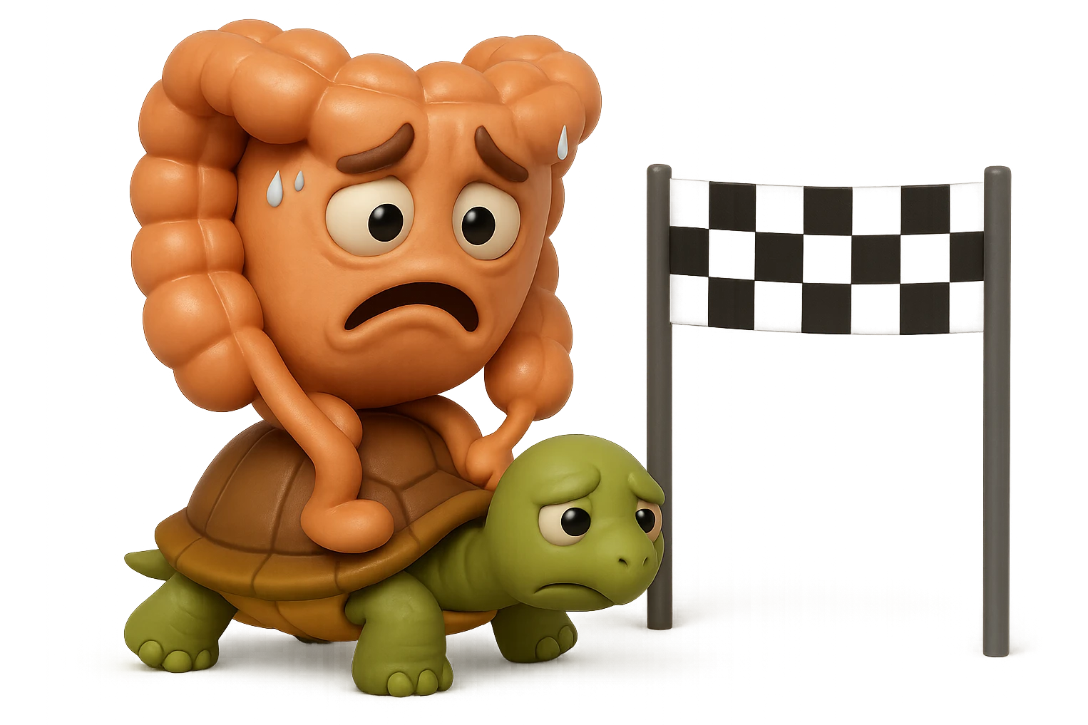  EMOJI STILE IPHONE 3D DI UN INTESTINO CON ESPRESSIONE ANGOSCIATA CHE CAMMINA SEDUTO IN GROPPA SUL GUSCIO DI UNA TARTARUGA IN ATTESA ESTENUANTE DI RAGGIUNGERE UN TRAGUARDO POCO PIù AVANTI, SULLA LORO DESTRA. IL TRAGUARDO è UNA BANDIERA A DUE PIEDI CON FASCIA A SCACCHI BIANCHI E NERI. iperrealistico 4k emoji