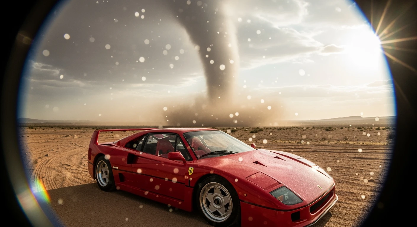Cinematic still of a ferrari f40 around tornado od arizona desert, sun flare, captured by gopro hero with effect fisheye, water drops on car body, detailed emoji
