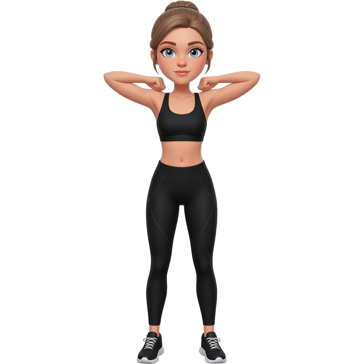 shoulder rolls, fair-skinned woman, light gray-blue eyes, ash brown brows, ash light brown hair tied back, slim athletic body, black workout set, black sneakers with white soles emoji