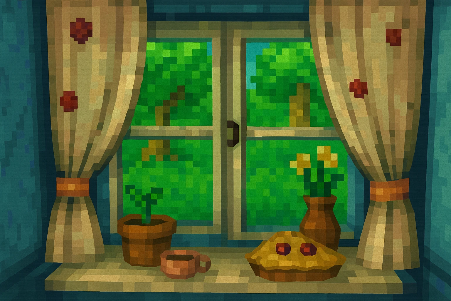 Cozy window scene in iOS 3D style: window with sheer curtains, a potted plant, a cup, and a vase with flowers on the windowsill, bright green garden outside. Clean, minimal, soft 3D lighting, pastel colors, iOS 3D illustration. emoji