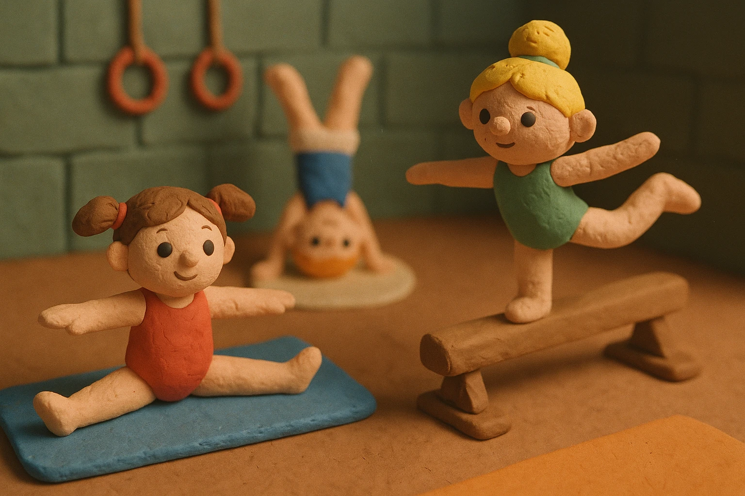 Kids doing gymnastics, matte, plasticine claymation with visible fingerprints and pastel colors. emoji