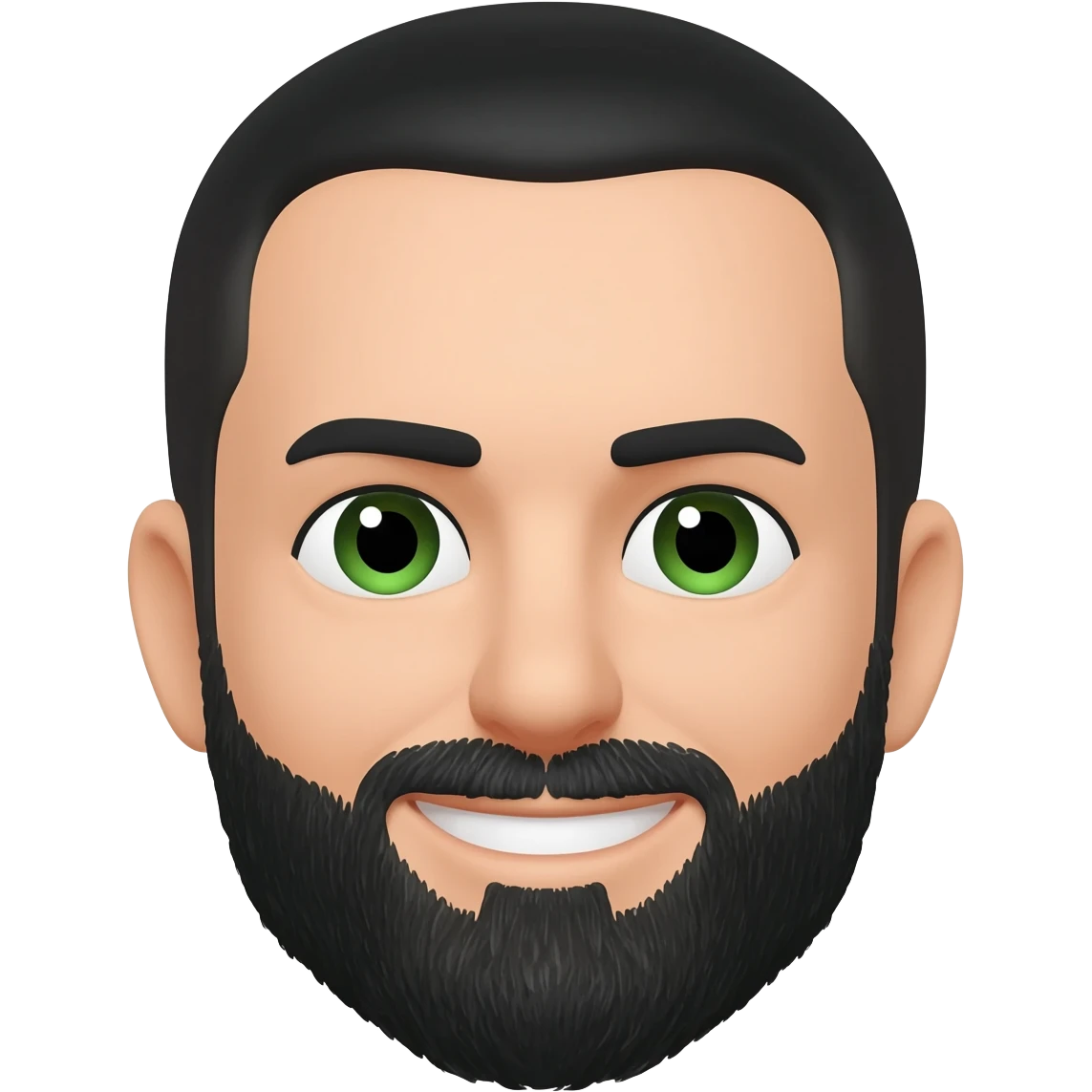 White man with short black hair and black beard with left eyebrow raised high with green eyes square jaw  and smiling emoji