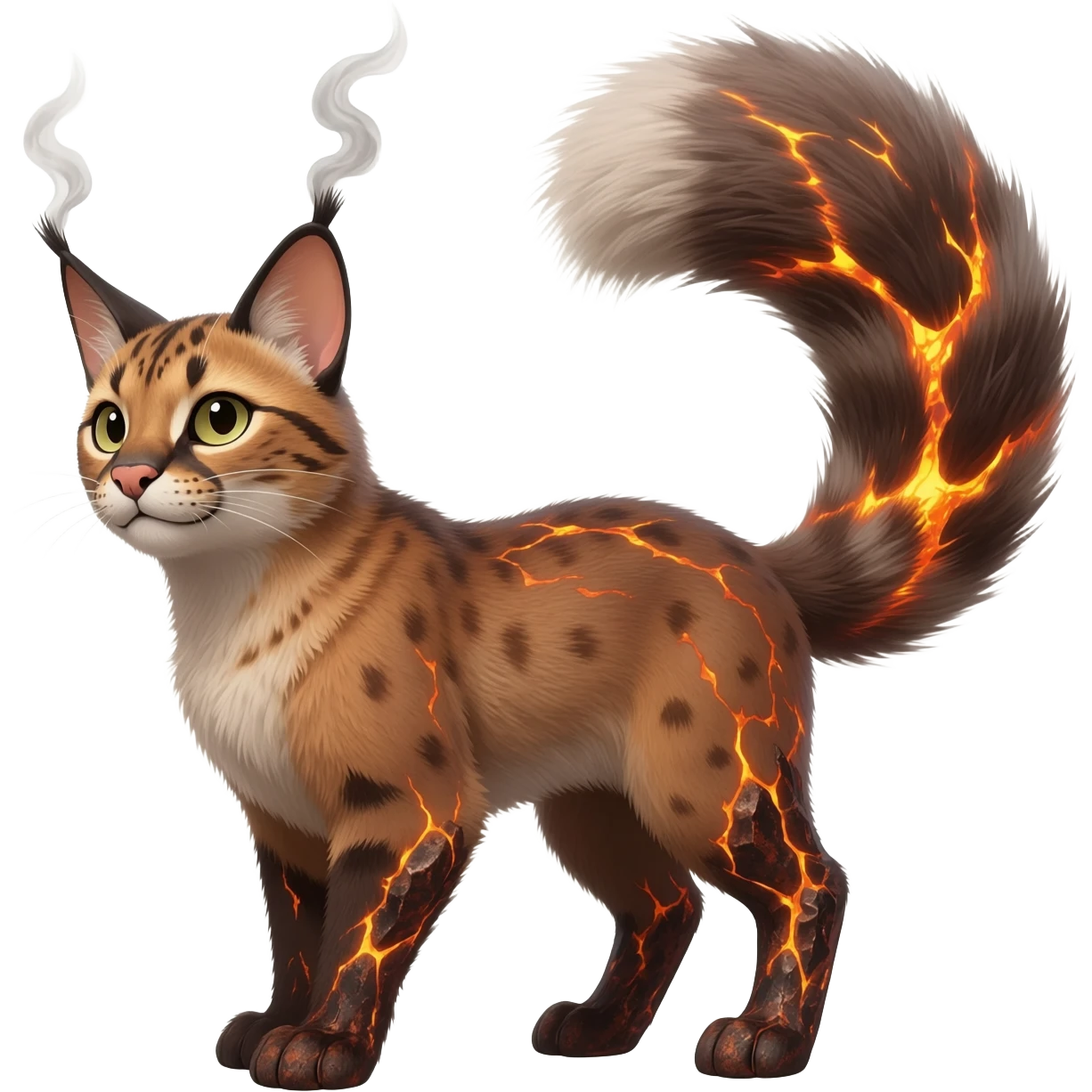 Hyper realistic  ember-rust copper fur molten with glowing magma seams and smoky tips beautiful elegant pretty precious cute  Fakémon-Pokémon-opossum-feline-serval-caracal-chinchilla-Furret-Minccino-hybrid-creature with a big fluffy bushy tail (full body) emoji