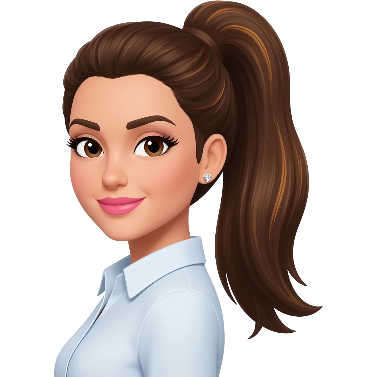 brunette with very long medium brown hair with highlights, in a sleek high ponytail, dark brown eyes, medium brown eyelash color, full lips, small button nose, light olive color skin, full eye lashes, diamond earring studs, pink lipstick, nice smile, medium brown eyebrows, with a professional shirt emoji
