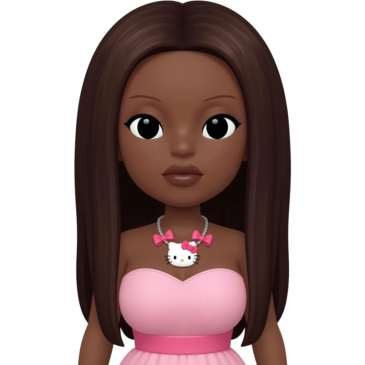 hello kitty necklace, doll eyes, Doll, big chest, dark brown skin, with middle part long dark brunette hair,  black cute eyes, pink bows with cute lips emoji