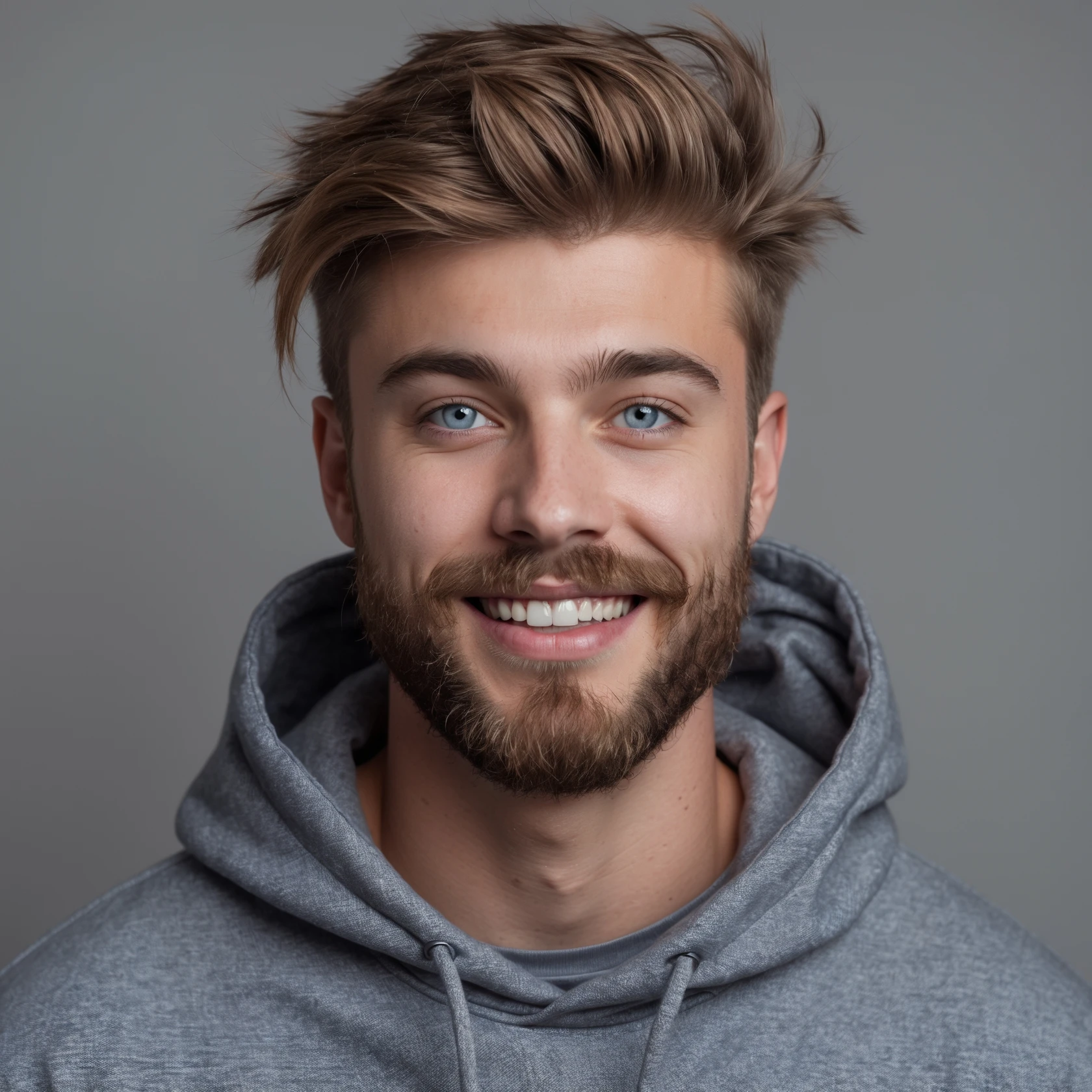 20 year old man, short scruffy beard and thin moustache, brown puffy mullet, blue eyes, big smile, white teeth, big lips, pronounced jaw, hair longer in back, sticking up on top, thin face, grey hooded sweatshirt, blue eyes emoji