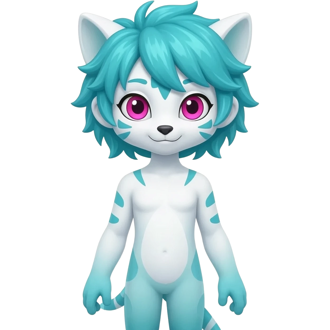 White badass elegant wild beautiful natural cute badass epic anthro modern albino sergal-vernid-creature with cyan mane and magenta eyes with cyan edgy stripes, full body, blue pretty hair, outside, modern, aesthetic, art by LiLaiRa, art by art by Falvie emoji
