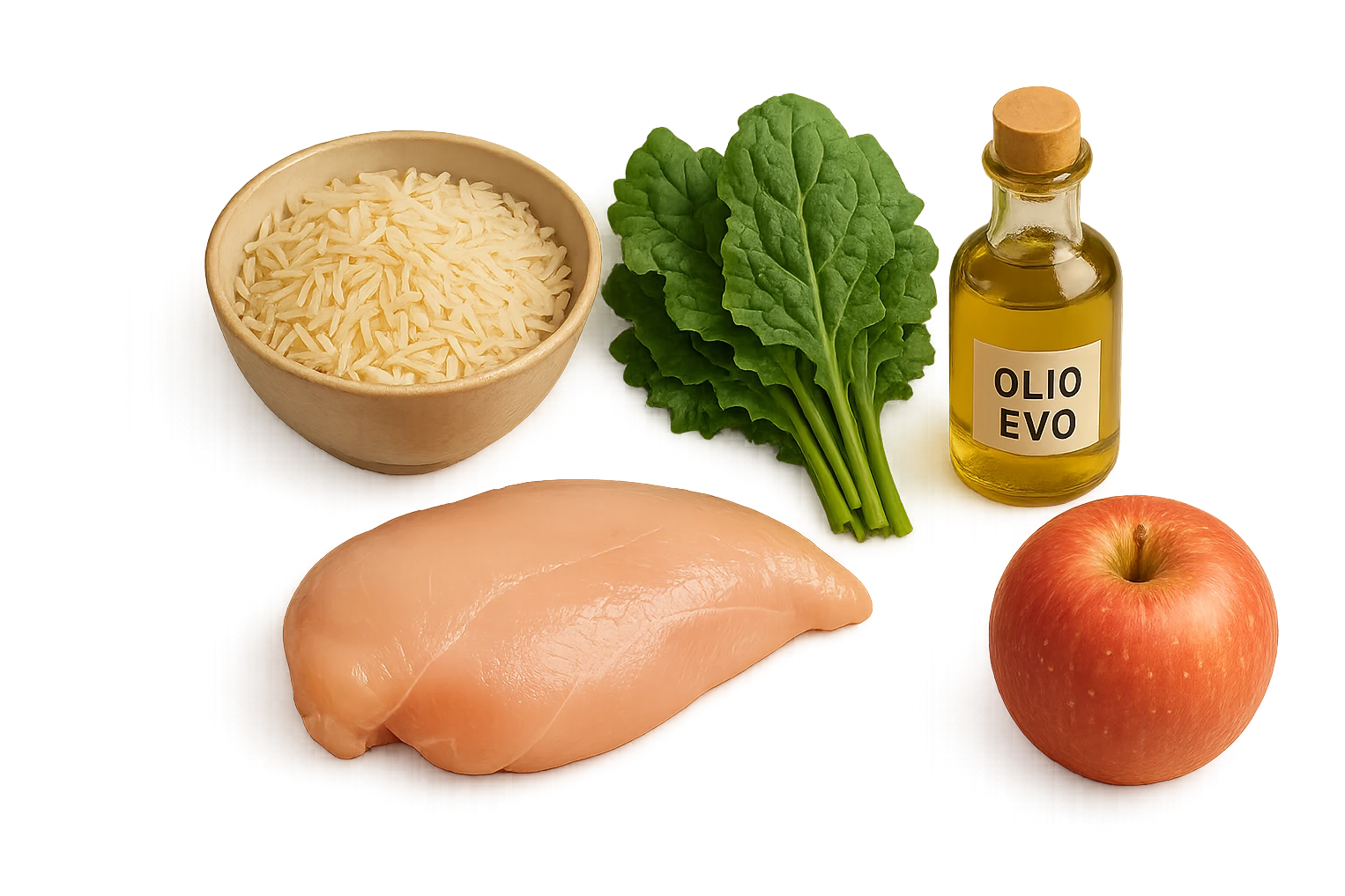 Riso basmati
Petto di pollo
Verdura fibrosa verde
Olio EVO
Mela
poggiati sul tavolo emoji