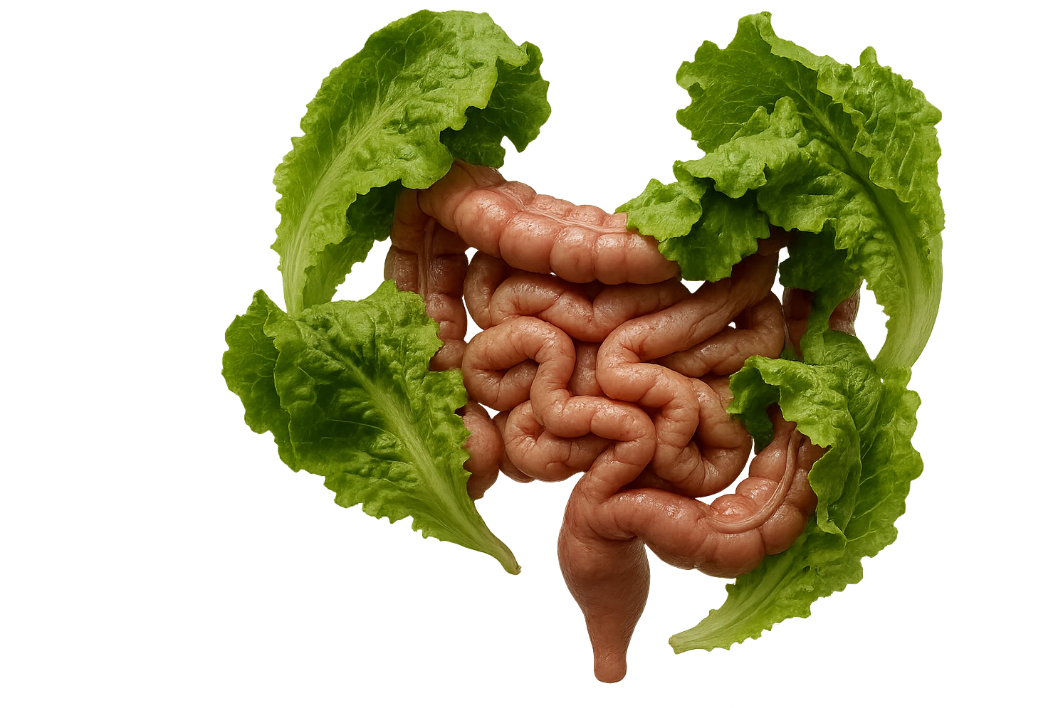 foglie di insalata che attaccano un intestino anatomico umano per distruggerlo, iperrealistico emoji