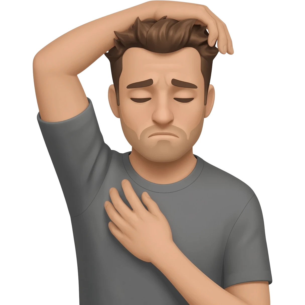 A man who is depressed with his left arm draped over the top of his head so the inside of his left elbow is on the very top of his head where hair grows from and his left hand is touching his right shoulder emoji