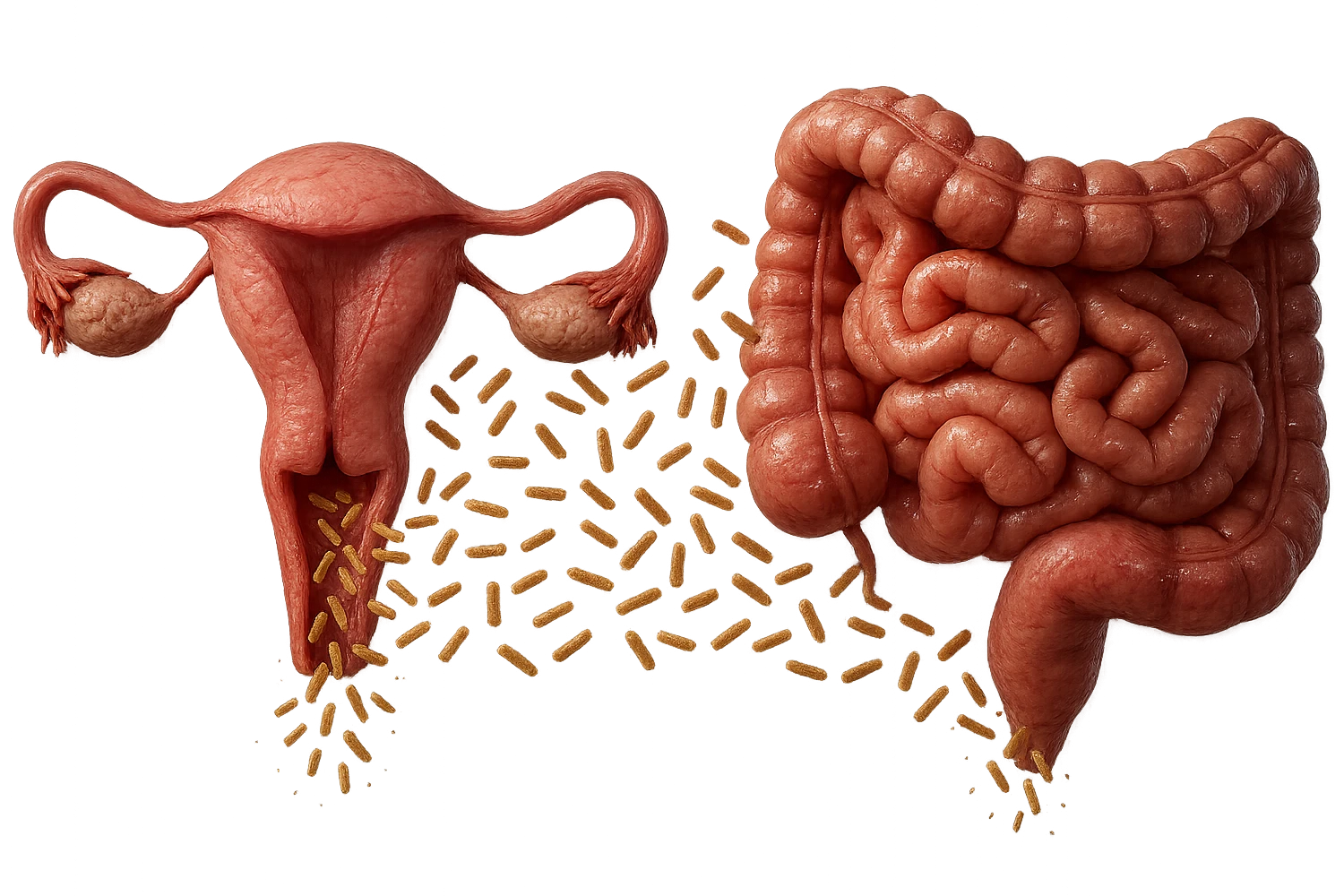 UTERO UMANO E INTESTINO ANATOMICI REALISTICI SONO UNO ACCANTO ALL'ALTRO E SI PASSANO I BATTERI A VICENDA, CON BATTERI CHE ESCONO DALL'INTERNO, IPERREALISTICO 4K, NON DISEGNATO emoji