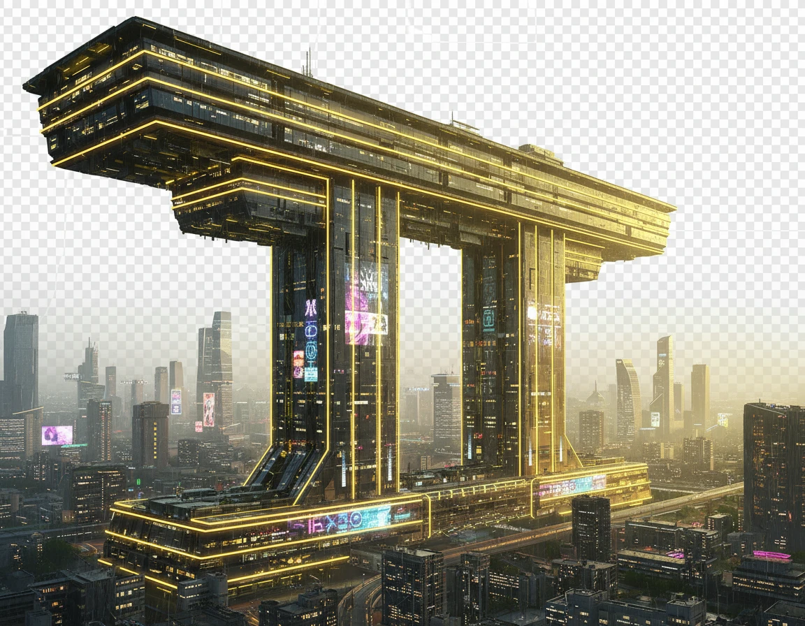 Стилизуй этот горизонтальный небоскреб под Москва-Сити с желтым свечением-подсветкой. Он должен смотреться как из киберпанка. Сделай его 2 стойки нереально высокими, расстояние между ними большое, а верхнюю горизонтальную часть - длиннее.

Фотореализм. Прозрачный фон emoji