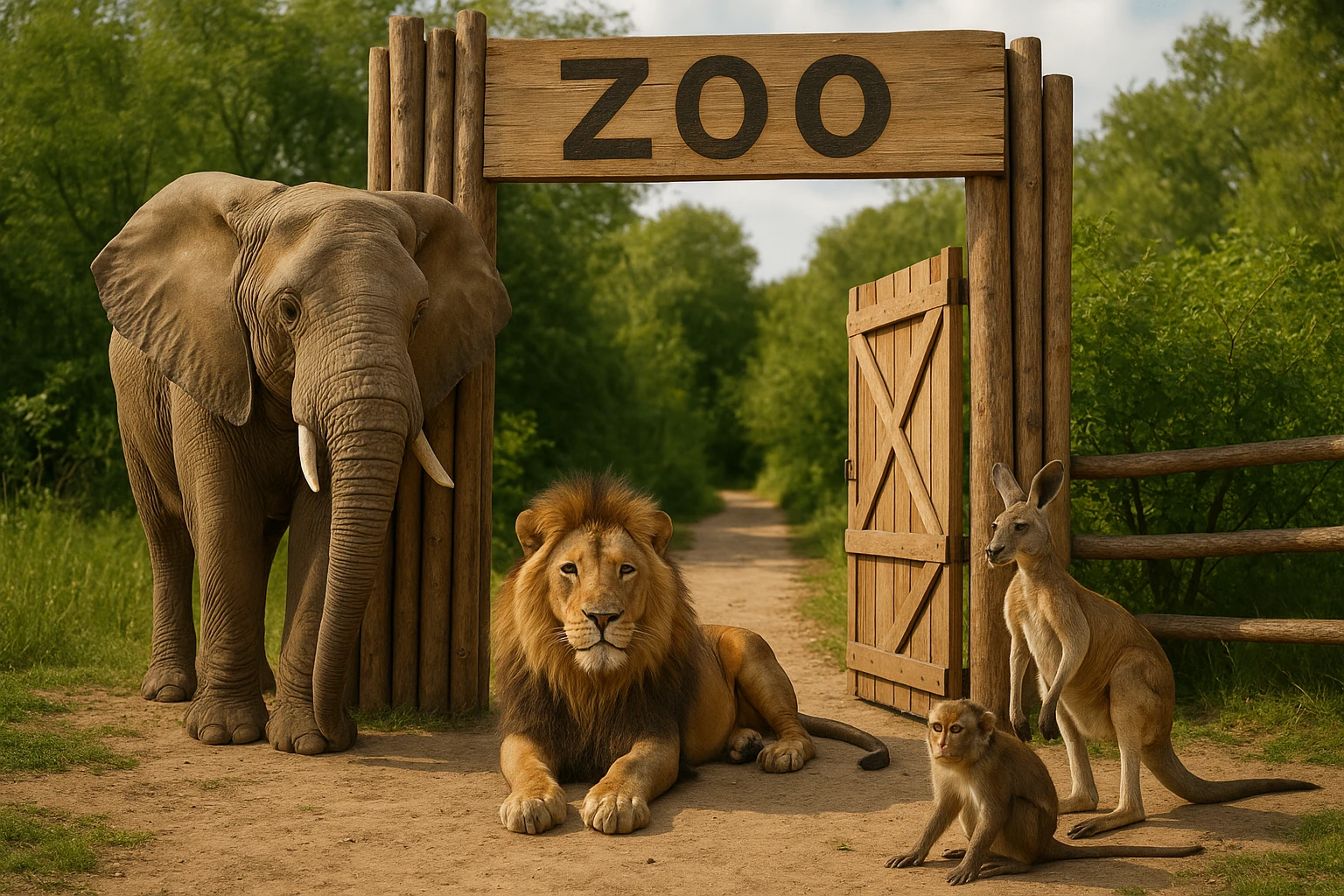 wooden zoo gate with 'zoo' written on it, open, realistic elephant, lion, kangaroo, and monkey standing nearby, natural and hand-made look, animals true to life, not AI-generated emoji