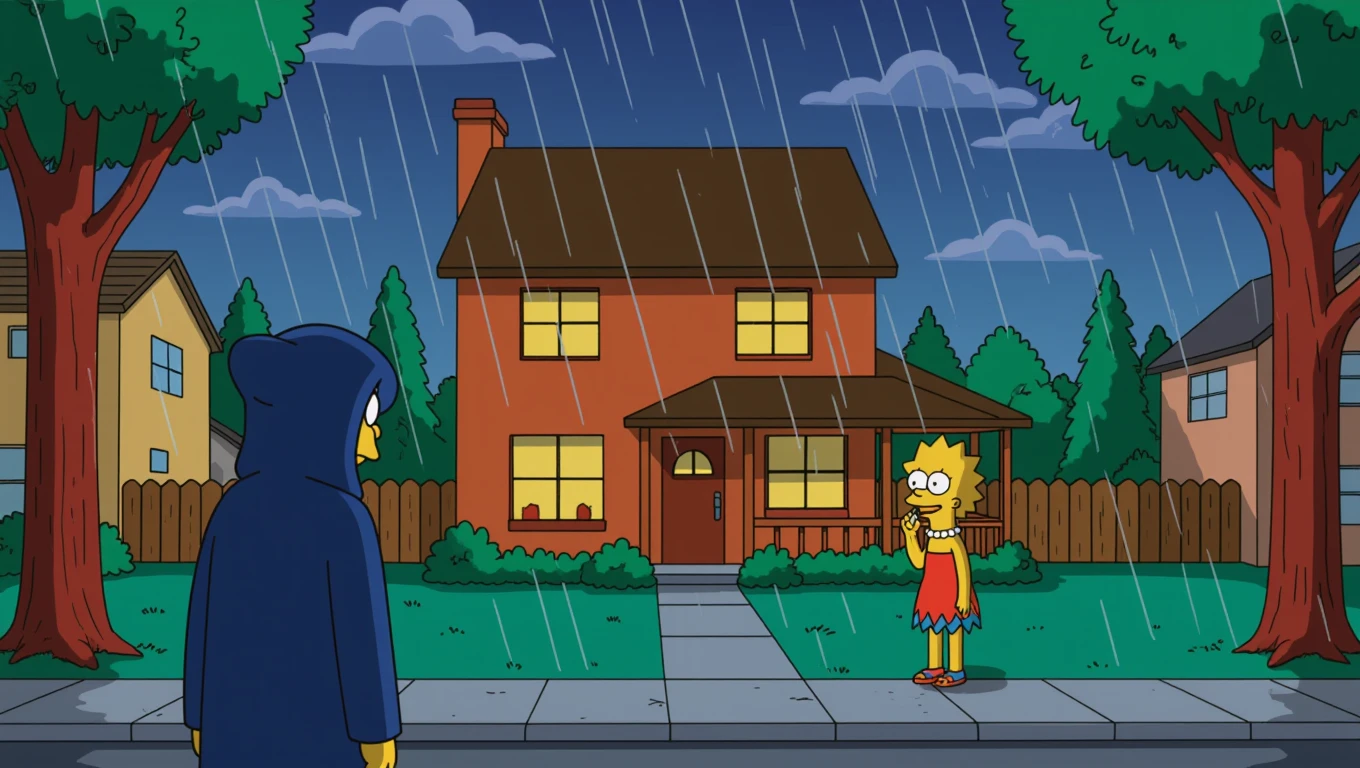 Springfield sous la pluie, la nuit. Une silhouette encapuchonnée observe la maison des Simpson. emoji