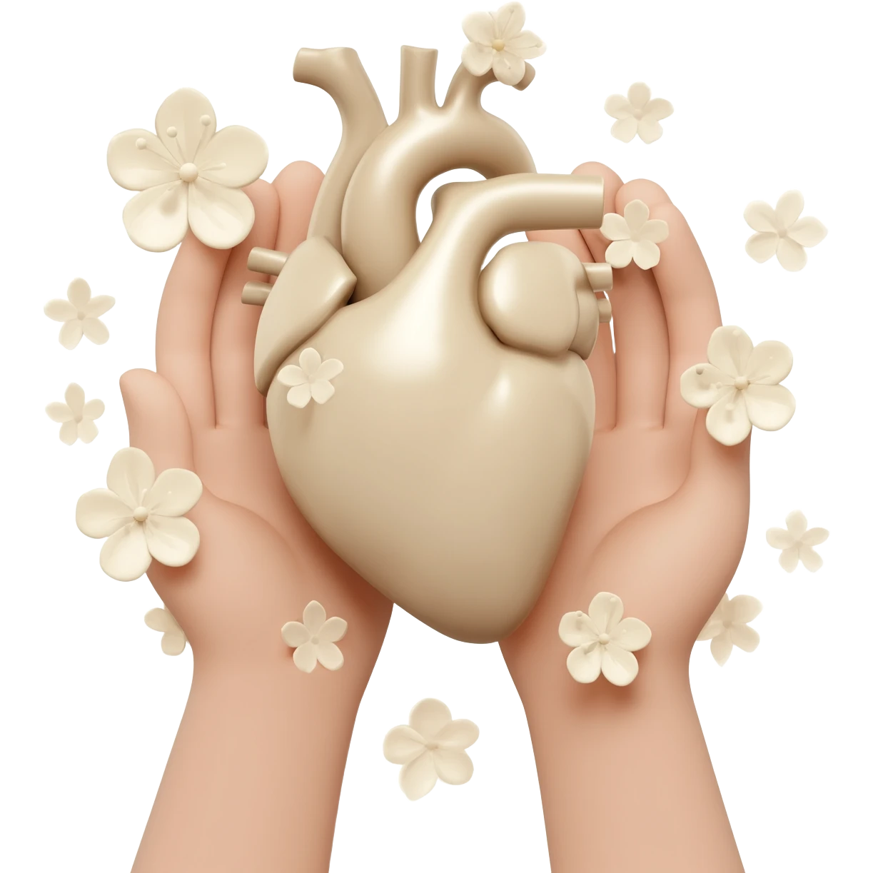 hands holding realistic light beige human heart with beige flowers emoji