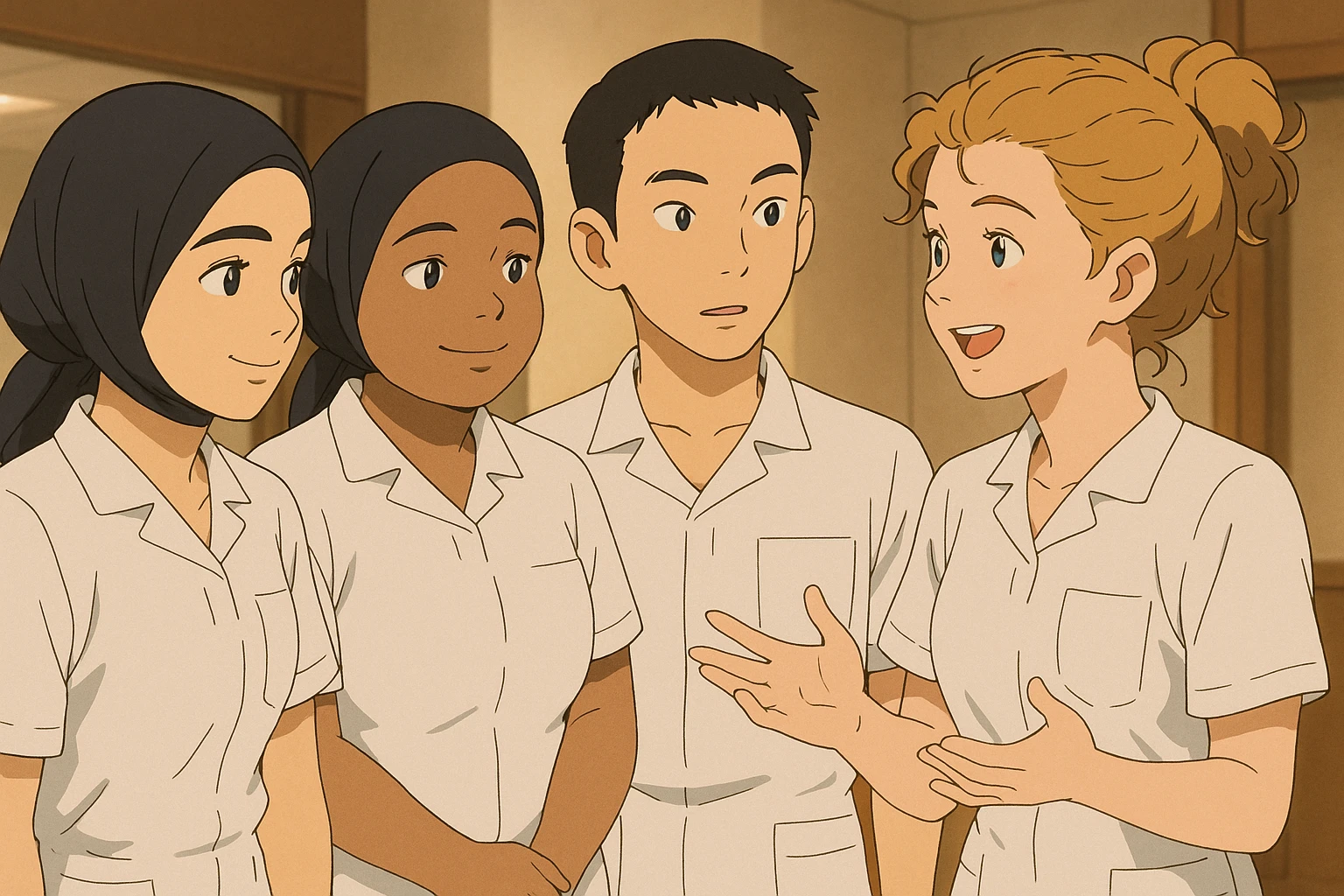 Groupe de quatre étudiants infirmiers, style Ghibli, en interaction dans un environnement intérieur. Uniformes médicaux blancs, manches courtes, col en V, poche poitrine à gauche, pas de stéthoscopes ni pied de col, avant-bras nus, cheveux longs attachés. Inspirés des quatre personnes sur les photos jointes. emoji
