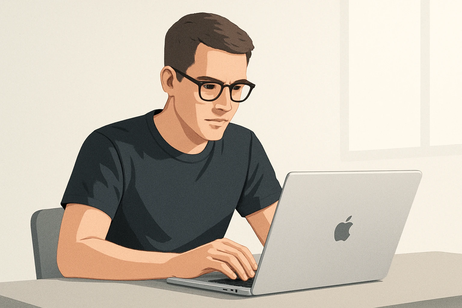 A modern and clear depiction of a man working on a MacBook, wearing glasses emoji