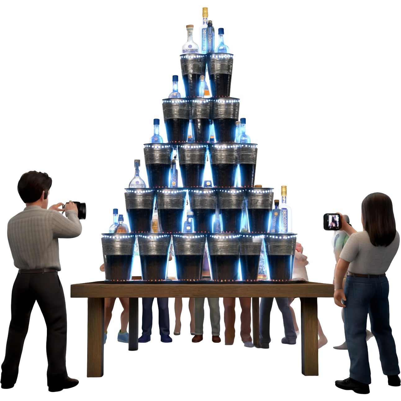 People taking pictures of the bottles piled high in buckets on the tables. Liquor bottles are likewise decorated with blinking flashlights. Bottles of Belvedere vodka and Patron tequila are lit from within the glass bottle with a dark light emoji