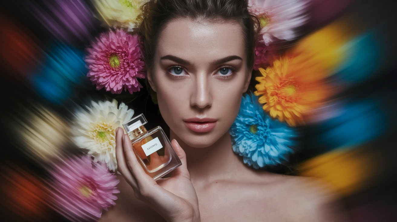 Motion blur Extreme Closeup photo of a beautifull woman holding perfume around beautifull colorfull flowers, cinematic light, 8K, very detailed, sharp, depth (foreground, midground, background) emoji