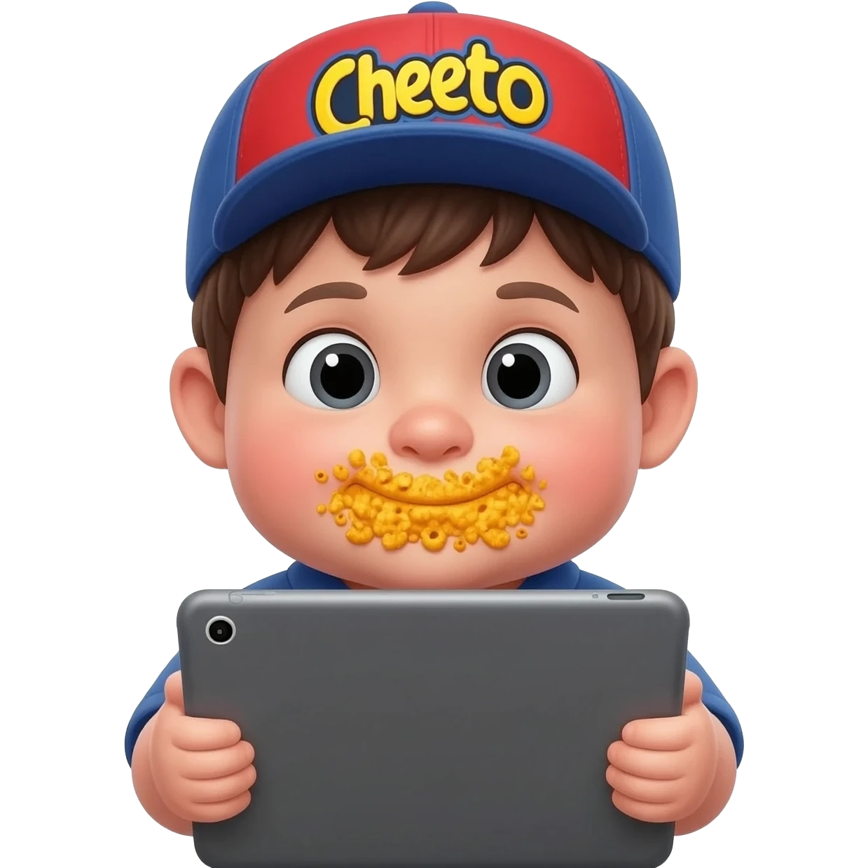 Fat American kid holding iPad wearing a hat with Cheeto dust around his mouth emoji