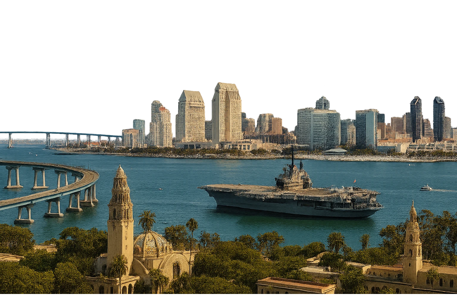 cinematic, realistic emoji of San Diego, featuring a wide city view with iconic landmarks such as the Coronado Bridge, San Diego skyline, USS Midway, and Balboa Park, with lifelike detail, accurate colors, bright daytime lighting, fully transparent background with no sky and no clouds emoji