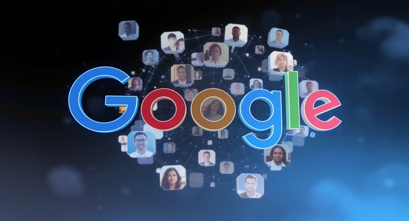 Futuristic Graphic of a flying aroundg google profiles with 3d disney style faces of people (Gradient black and blue background) emoji